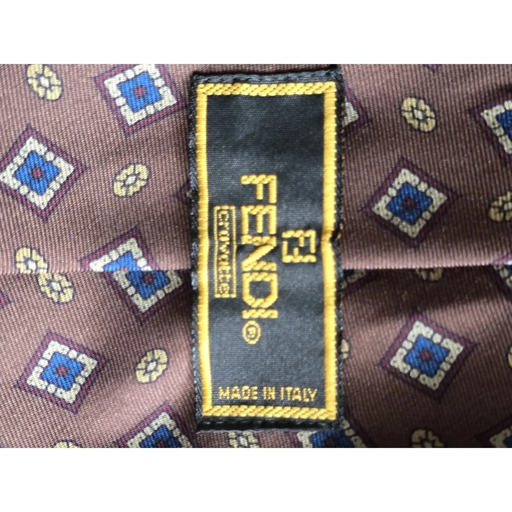 Vintage 90s FENDI Cravatte Tie Brown Blue Geometric Old Money Made in Italy Prep